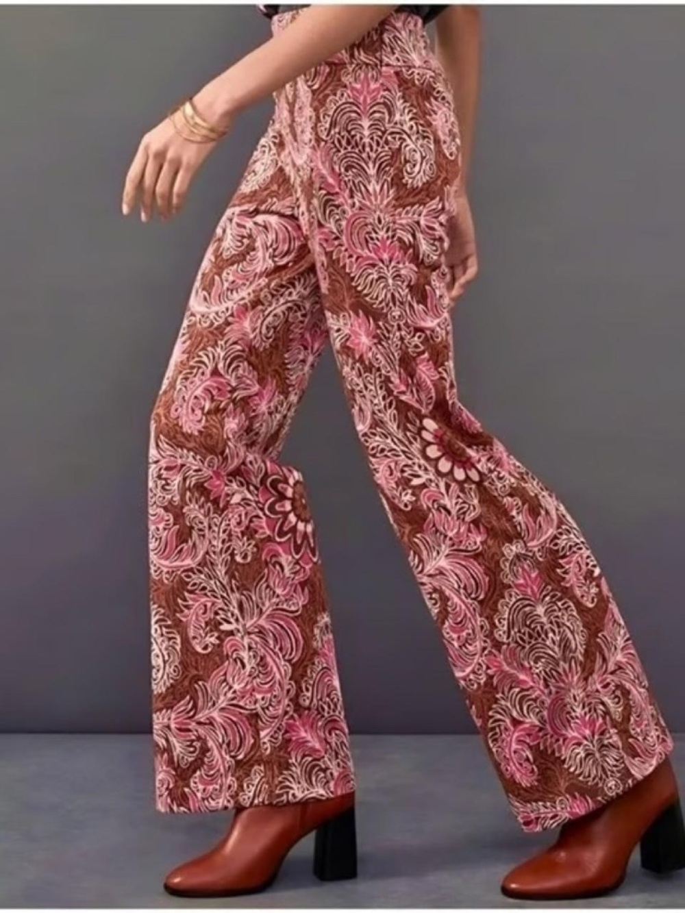 Anthropologie Maeve Maria Pink Paisley Metallic Jacquard Flare Pants Size 8 Boho